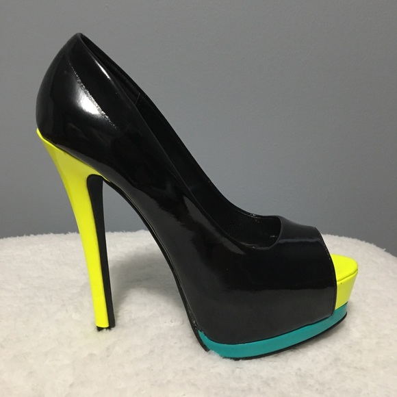 Qupid Shoes - Qupid Black & Neon Peep Toe Heels